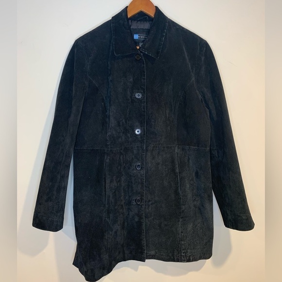 (r)elativity Vintage 90s Genuine Suede Black Leather Mid Length Button Down Coat - Picture 4 of 10